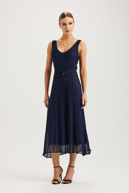 Vestido Tricot C/ Cinto - Marinho